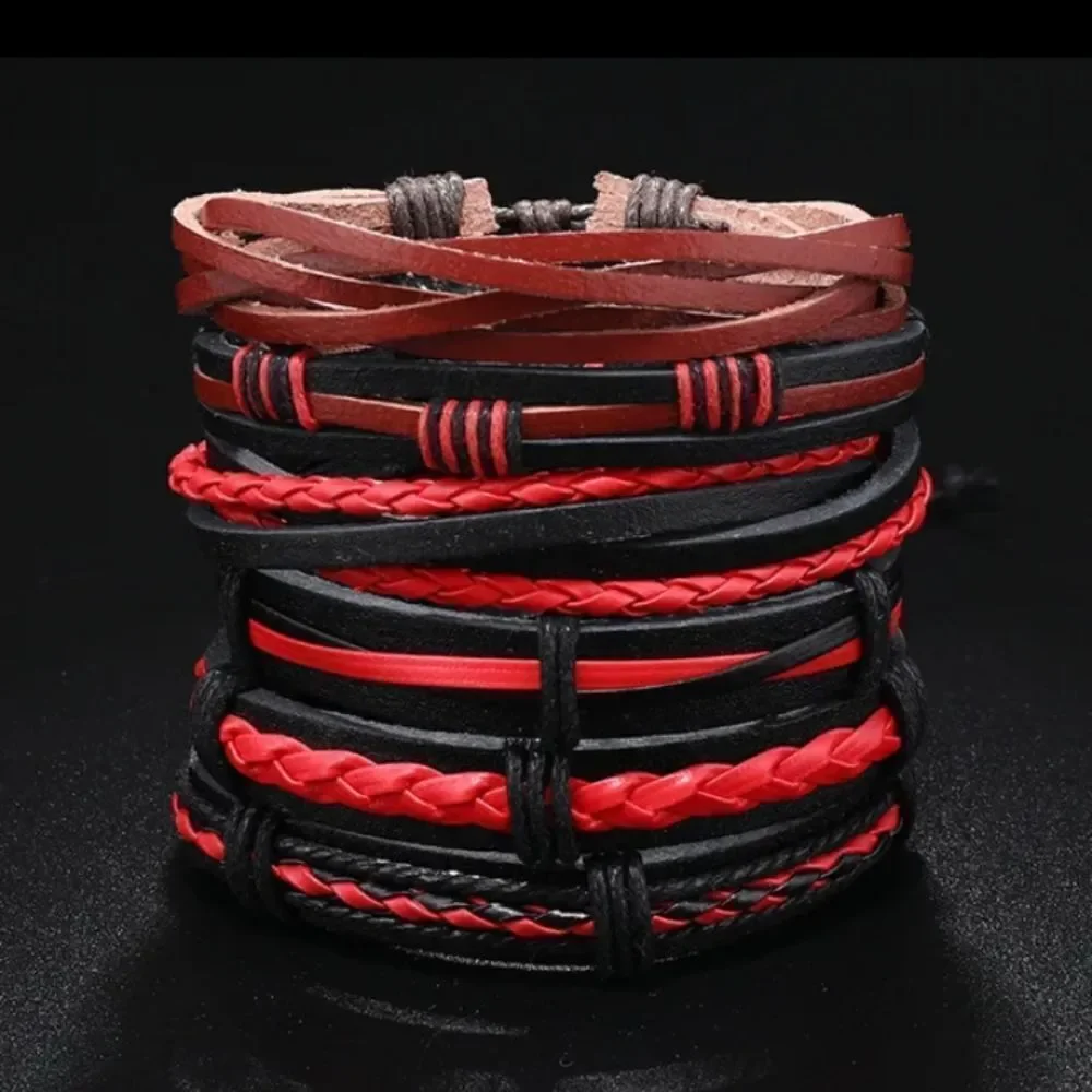 6pc‎ Men's leather bracelets set layered braided Red new e52